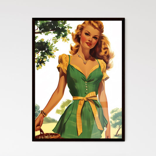 Stunning girl holding picknic basket - Art print of a woman in a green dress Default Title