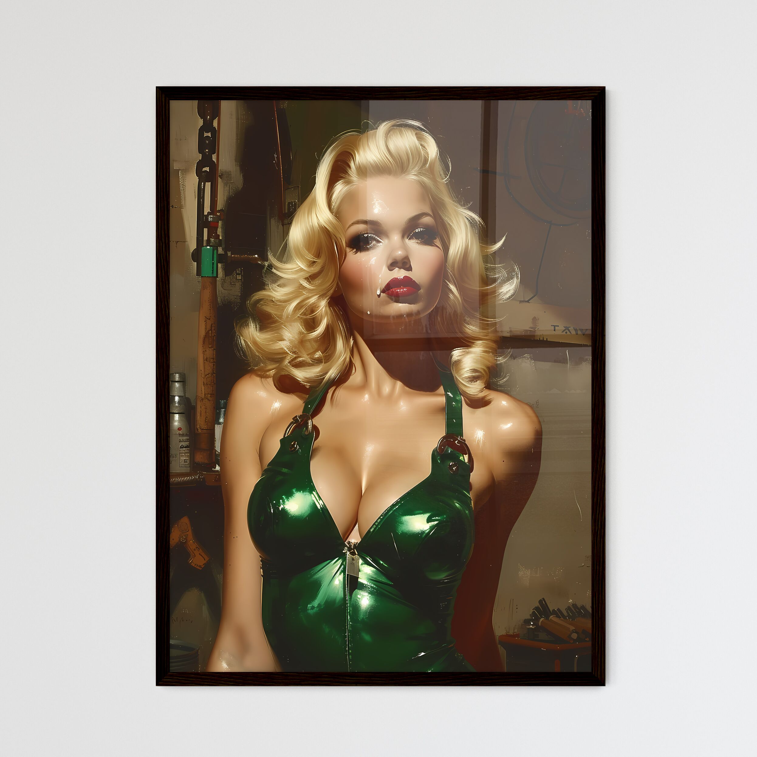 Full body shot pin up garage worker girl - Framed Art Print – HEBSTREIT