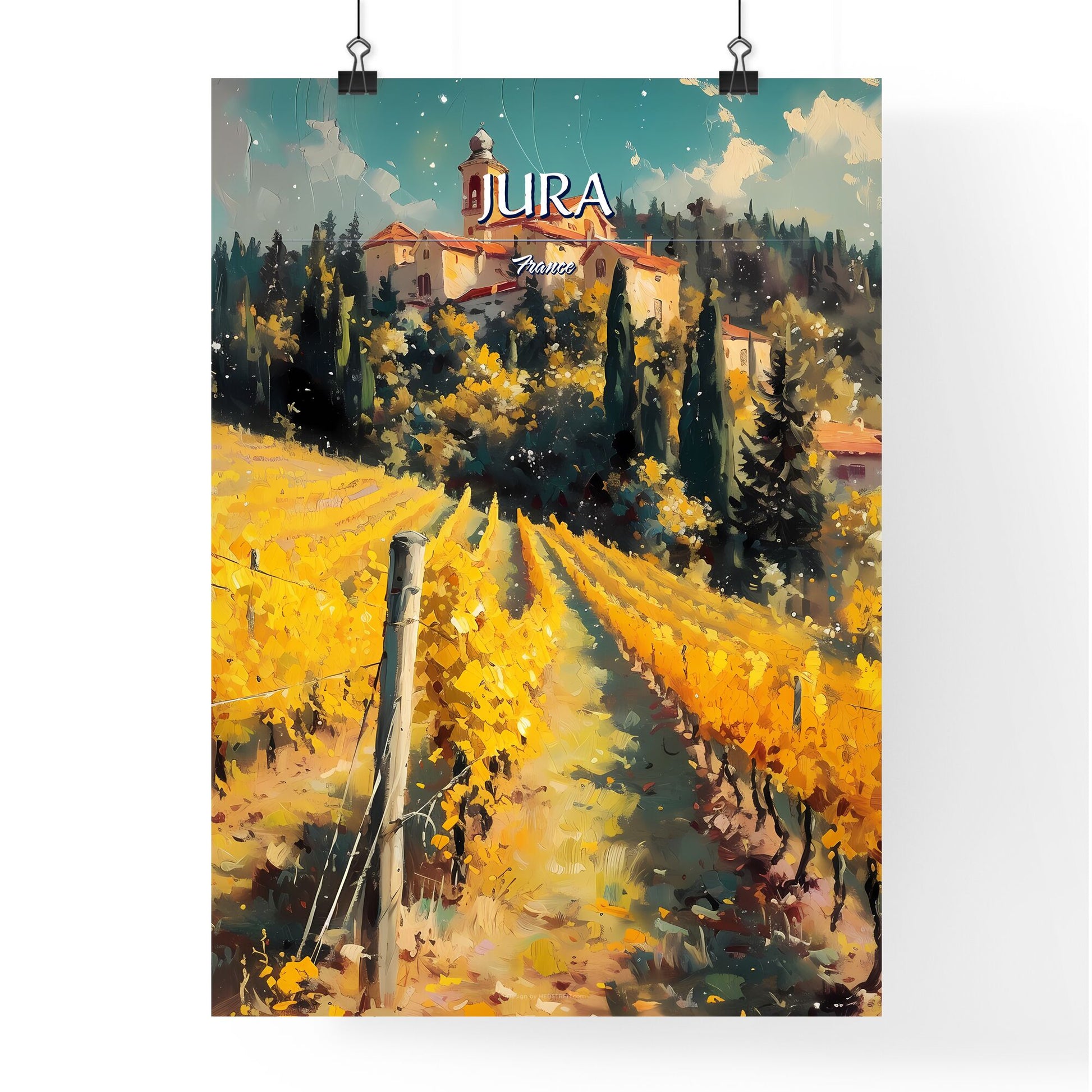Jura, France - Art print of a house on a hill with trees and a vineyard Default Title