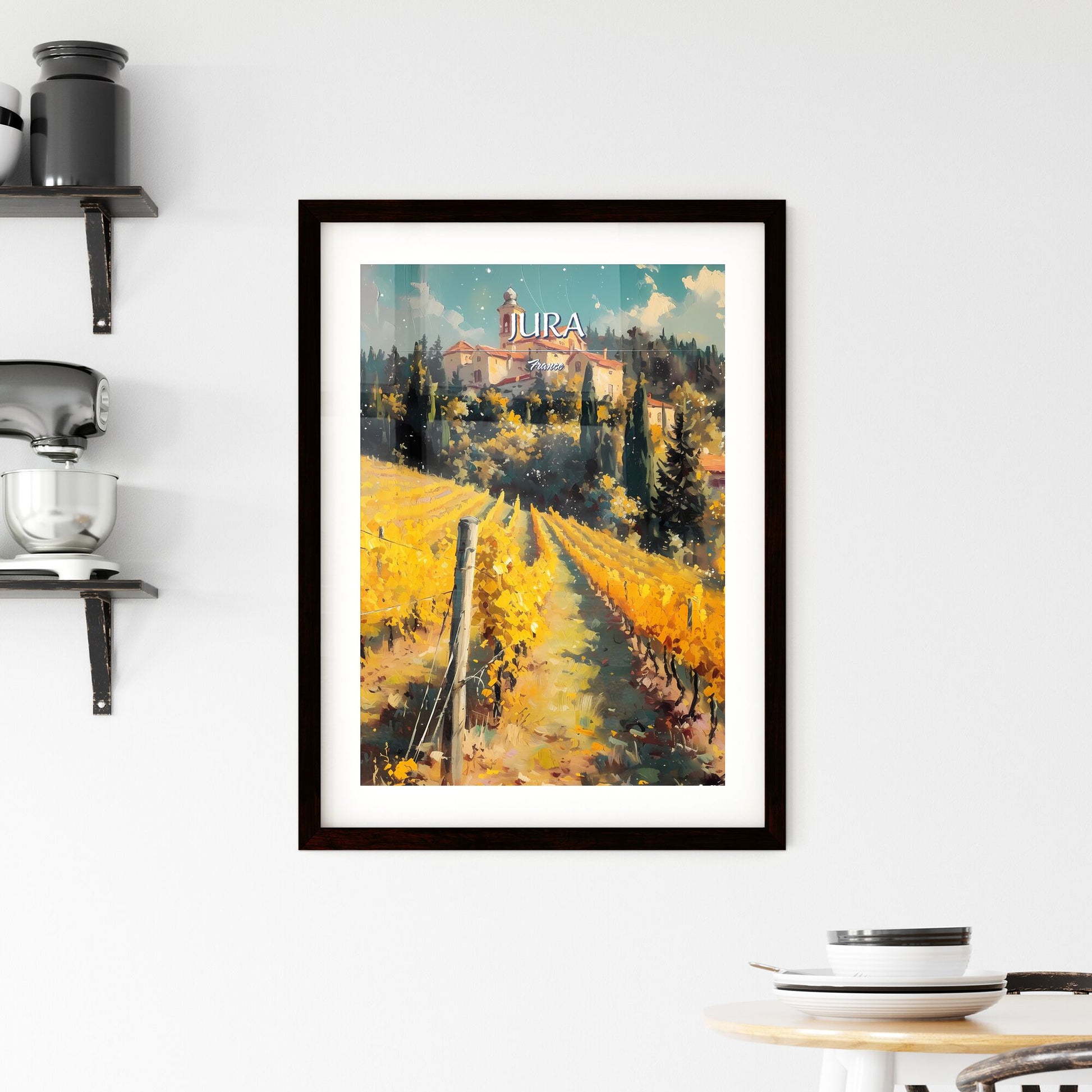 Jura, France - Art print of a house on a hill with trees and a vineyard Default Title