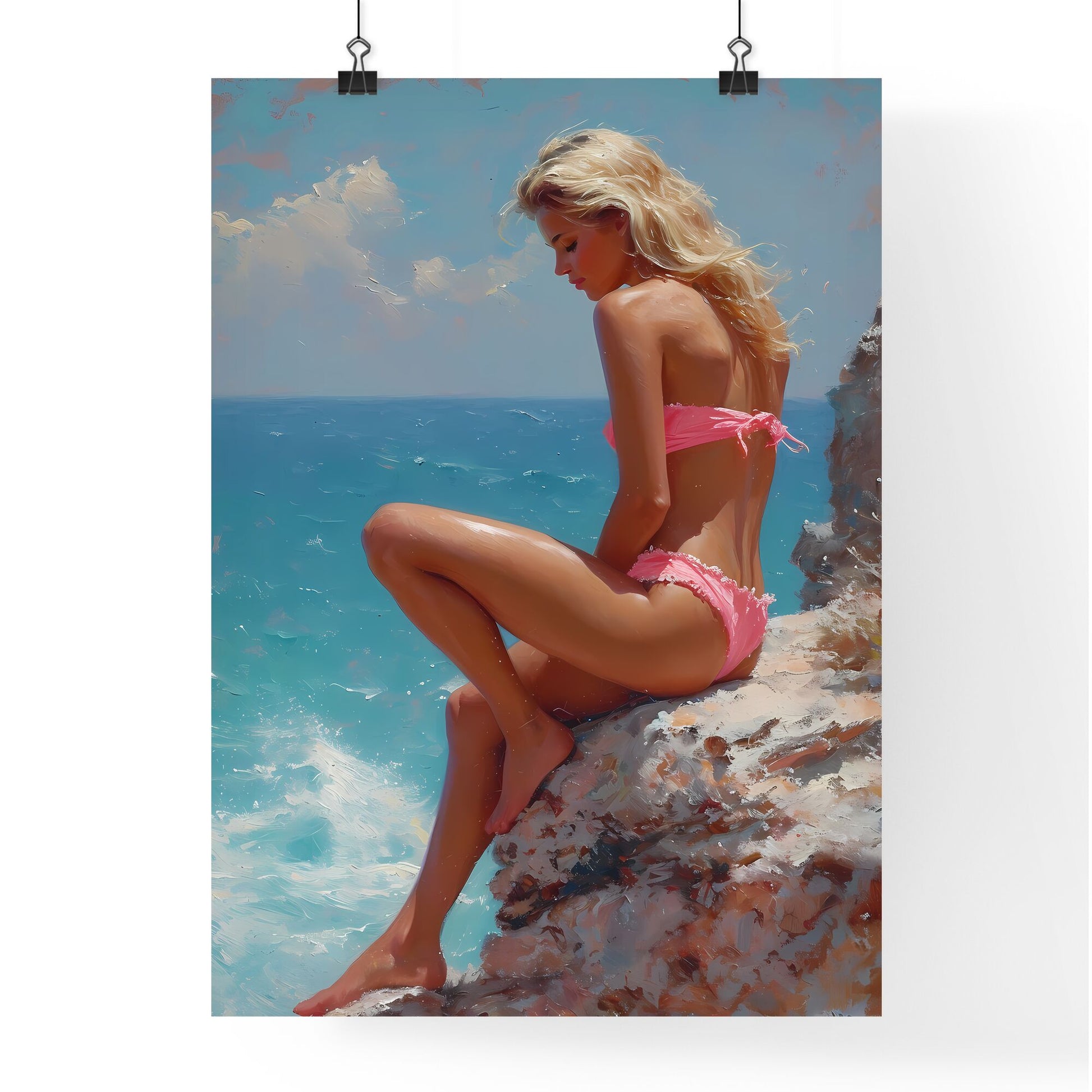 Beach Painting, Vintage Beach Wall Art, Sea Painting, Coastal Print, Coastal Nursery Wall Art - Art print of a woman in a garment sitting on a rock Default Title