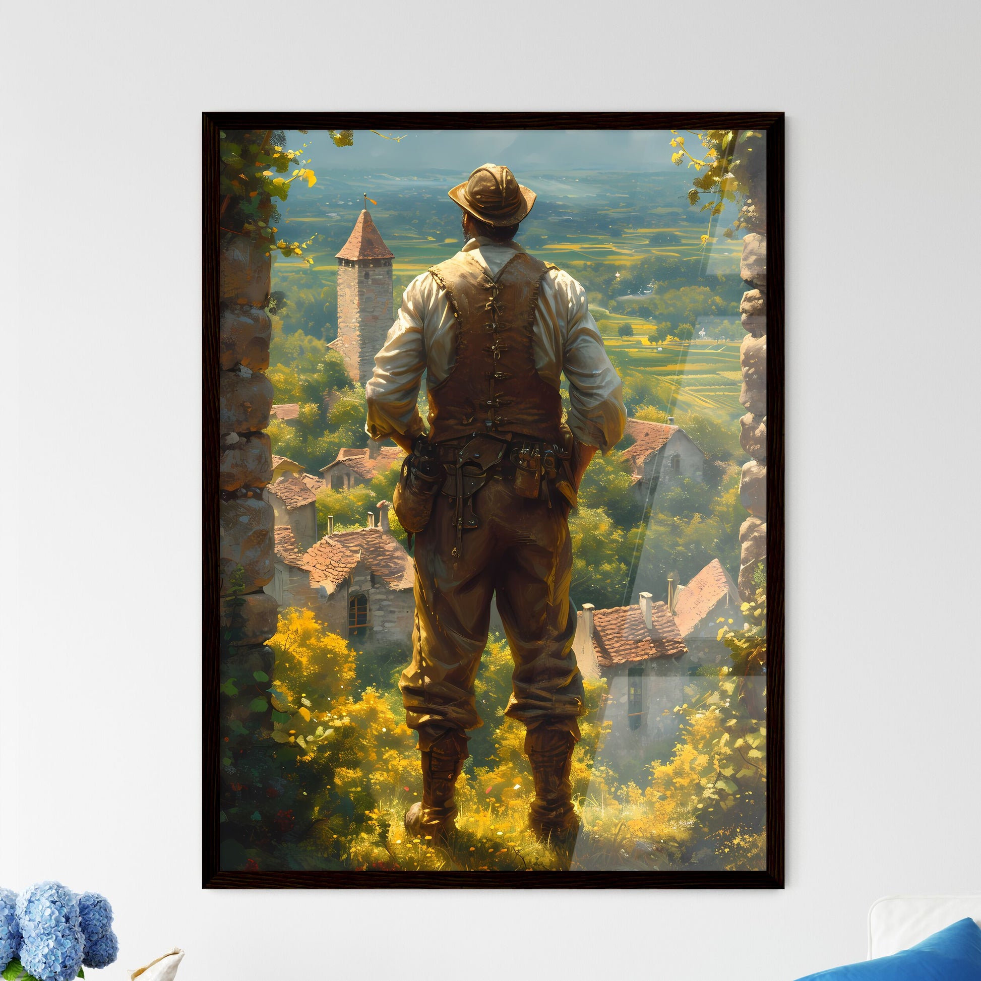 A French vineyard owner - Art print of a man standing on a ledge looking at a village Default Title