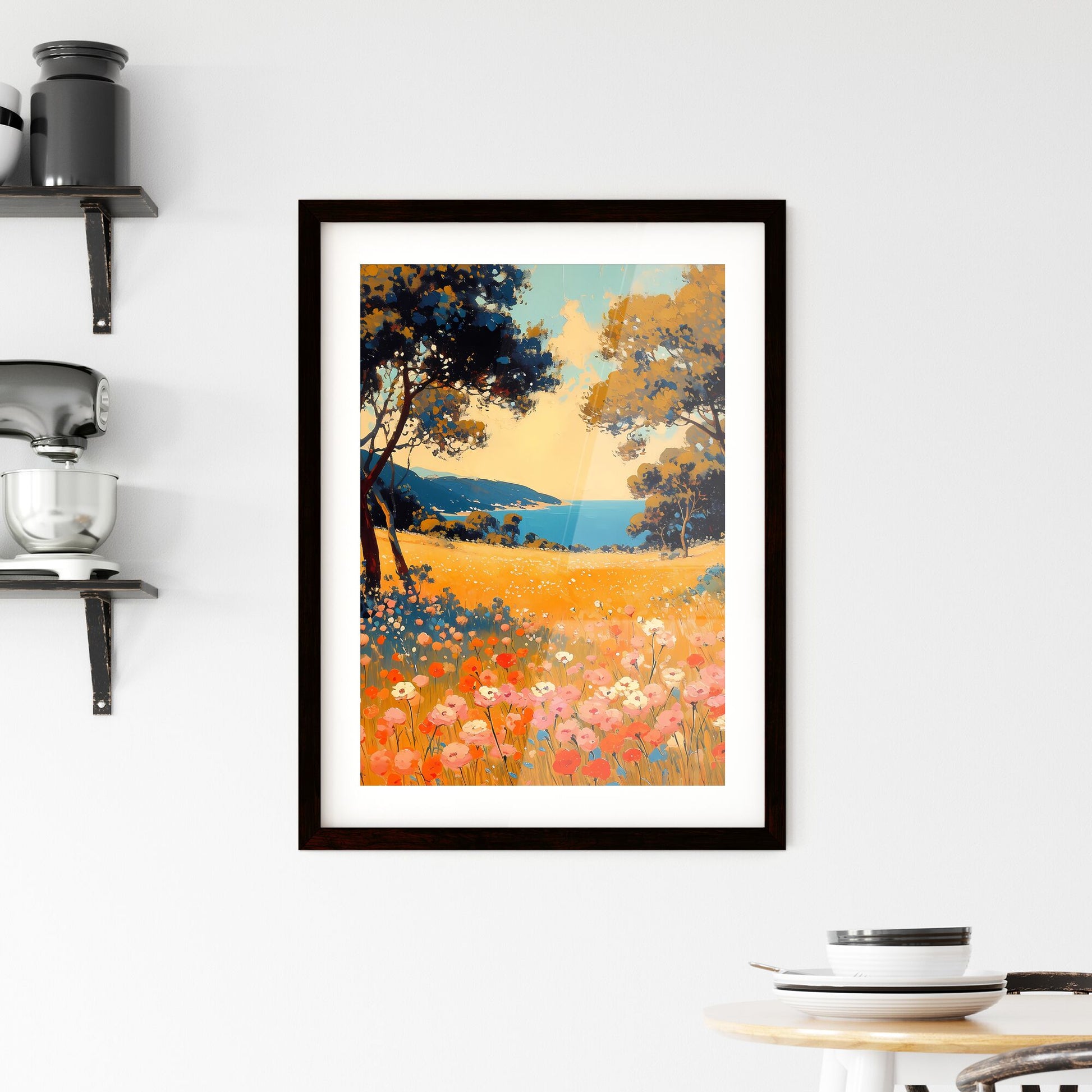 Amidst a countryside canvas - Art print of a painting of a field of flowers and trees Default Title