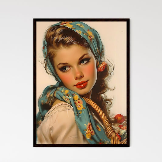 Stunning girl holding picknic basket - Art print of a woman with a scarf around her head Default Title