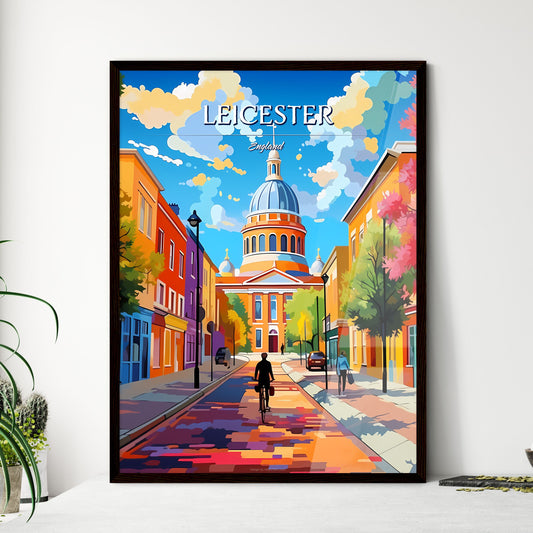 Leicester, England - Art print of a person riding a bicycle on a street with colorful buildings Default Title