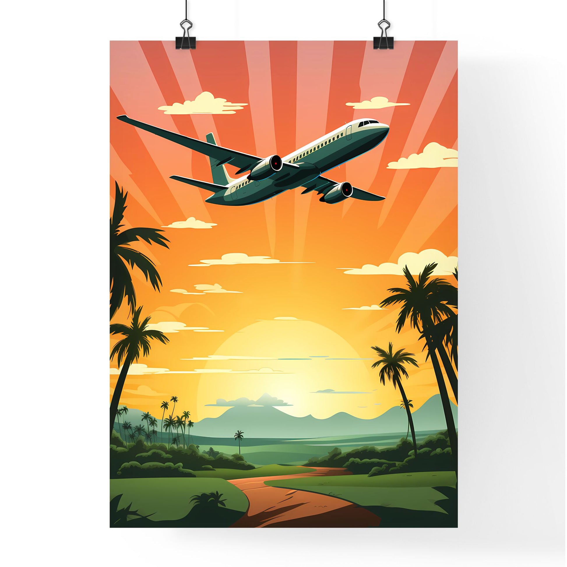 Retro vintage travel Poster Fly - Art print of an airplane flying over palm trees Default Title