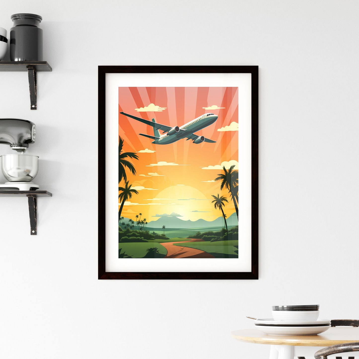 Retro vintage travel Poster Fly - Art print of an airplane flying over palm trees Default Title