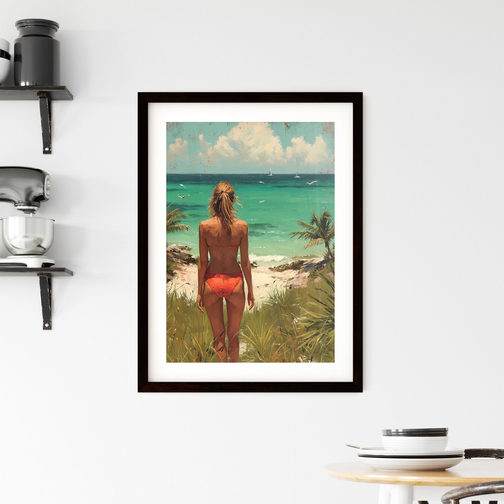 Beach Painting, Vintage Sea Landscape Print - Art print of a woman in a garment on a beach Default Title