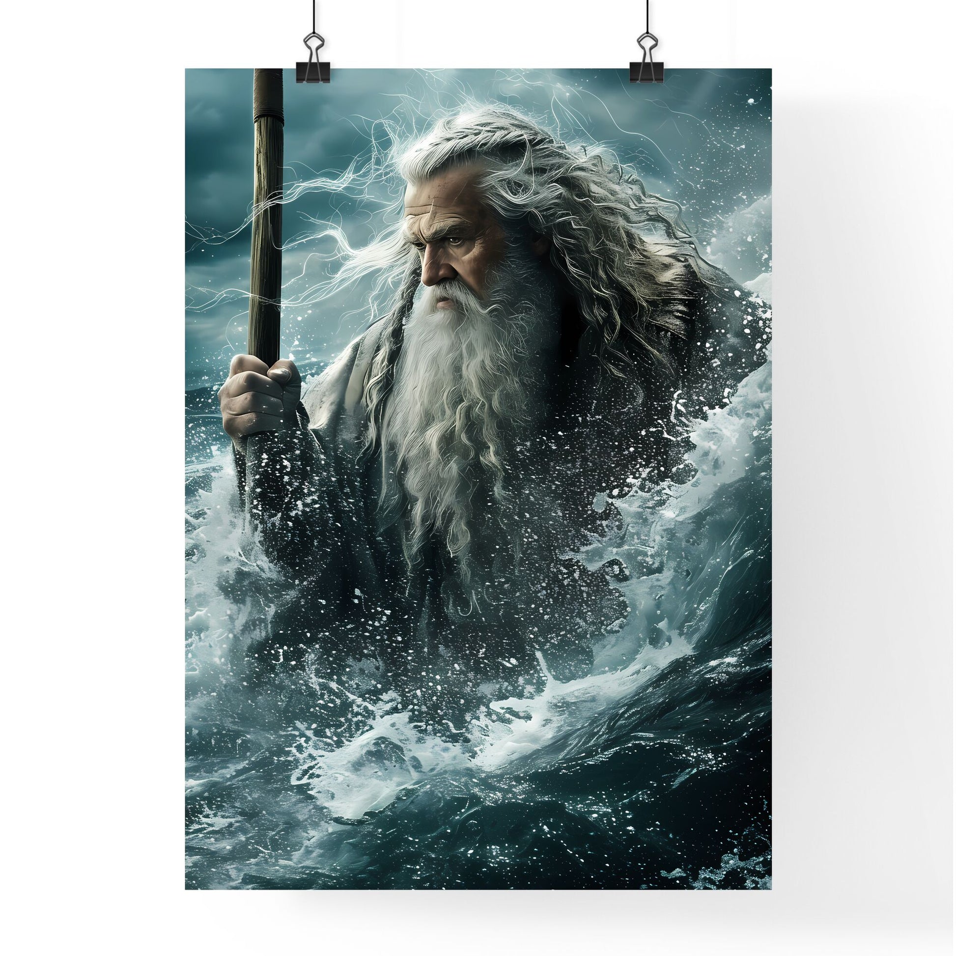 Movie poster Moses hoisting a magic staff above his head and leading many Israelites - Art print of a man with long white hair and a beard holding a staff in the water Default Title
