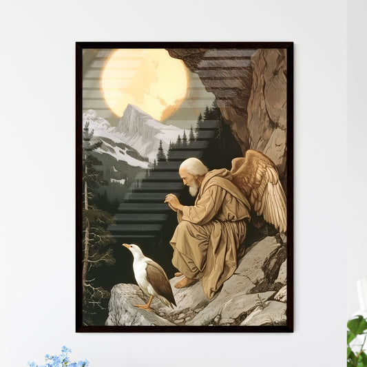 Saint - Art print of a painting of a man with wings sitting on a rock with a bird in front of him Default Title