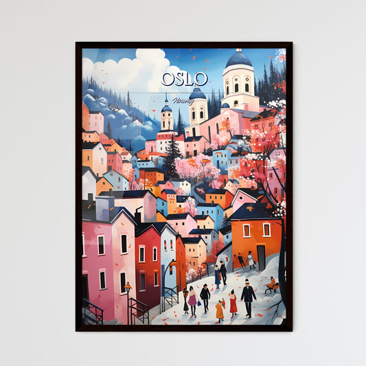 Oslo, Norway - Art print of a painting of a town with people walking on a snowy hill Default Title