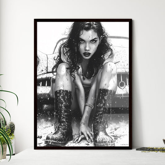 The vintage pin up girl - Art print of a woman sitting on the ground in the rain Default Title