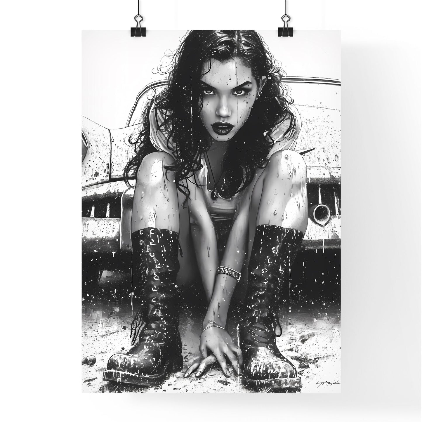 The vintage pin up girl - Art print of a woman sitting on the ground in the rain Default Title
