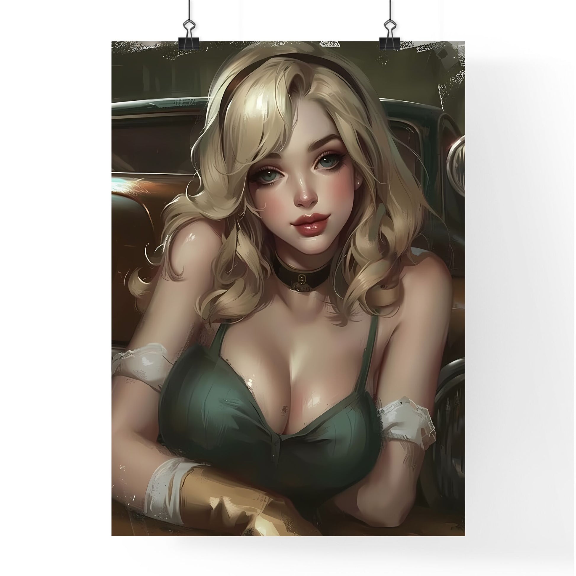 The vintage pin up girl leaning on a car - Art print of a woman posing for a picture Default Title