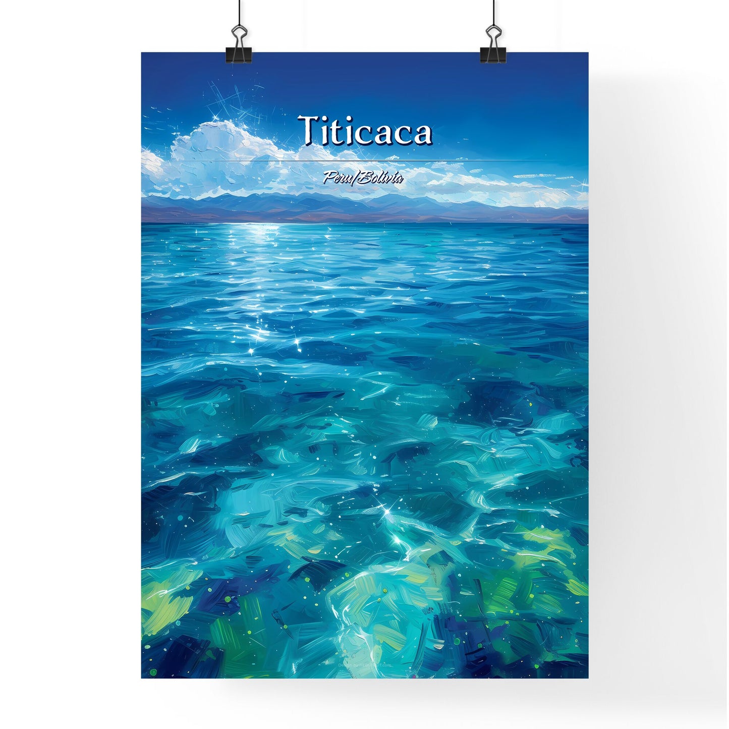 Titicaca, Peru/Bolivia - Art print of a blue water with mountains in the background Default Title