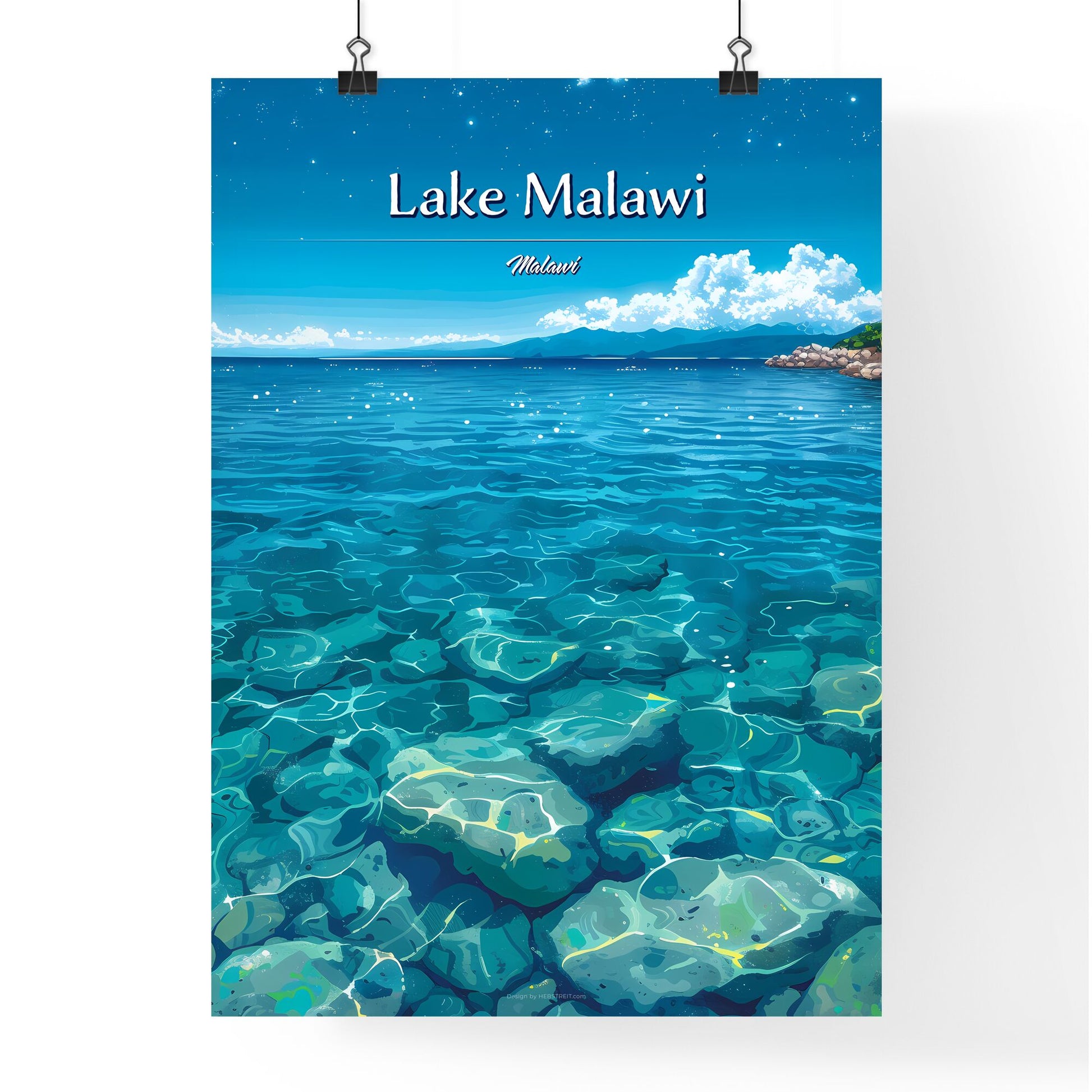 Lake Malawi, Malawi - Art print of a blue water with rocks and a rocky shore Default Title
