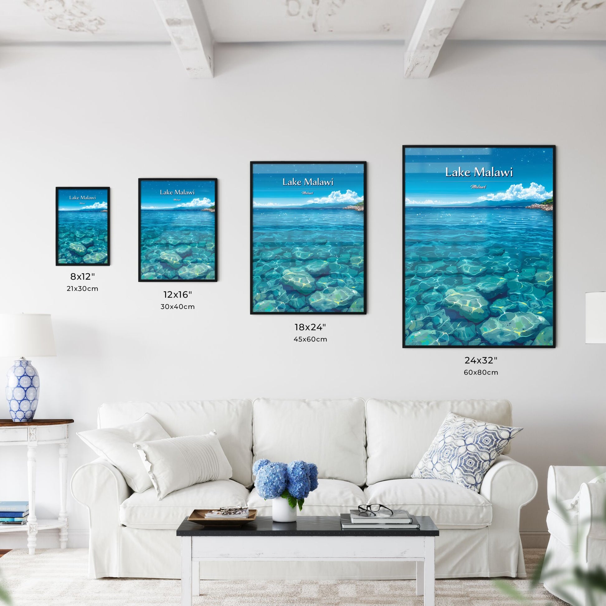 Lake Malawi, Malawi - Art print of a blue water with rocks and a rocky shore Default Title