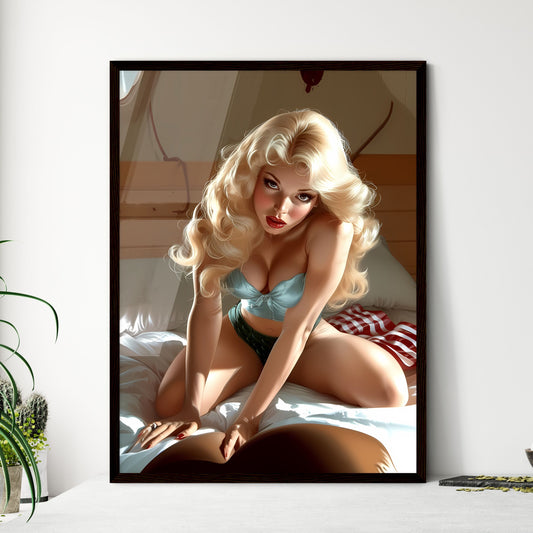 Pin up style, beautiful composition, dramatic pose - Art print of a woman in lingerie on a bed Default Title