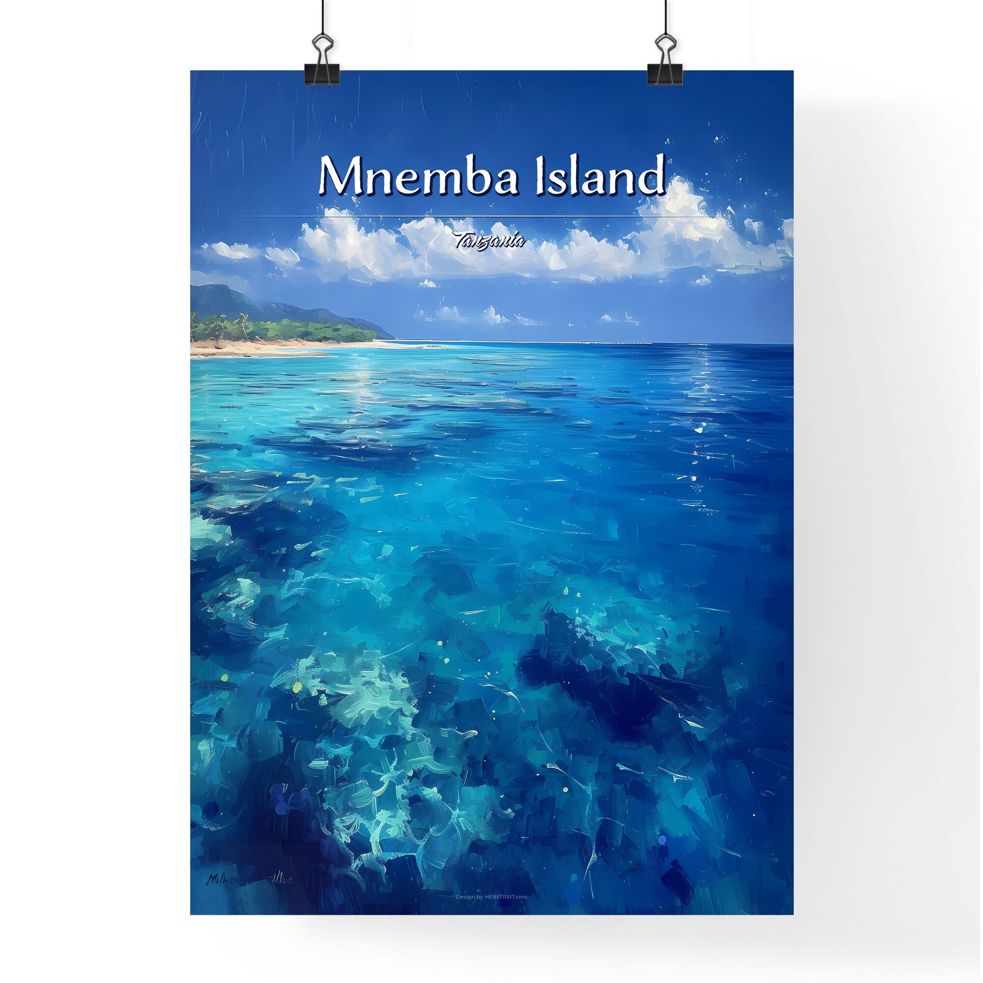 Mnemba Island, Tanzania - Art print of a blue ocean with trees and a blue sky Default Title