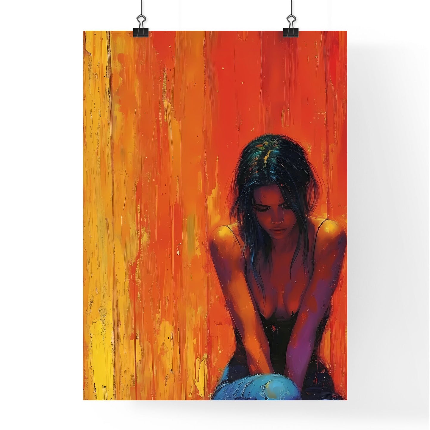 Minimalism, pin up art - Art print of a woman sitting down in front of a colorful wall Default Title
