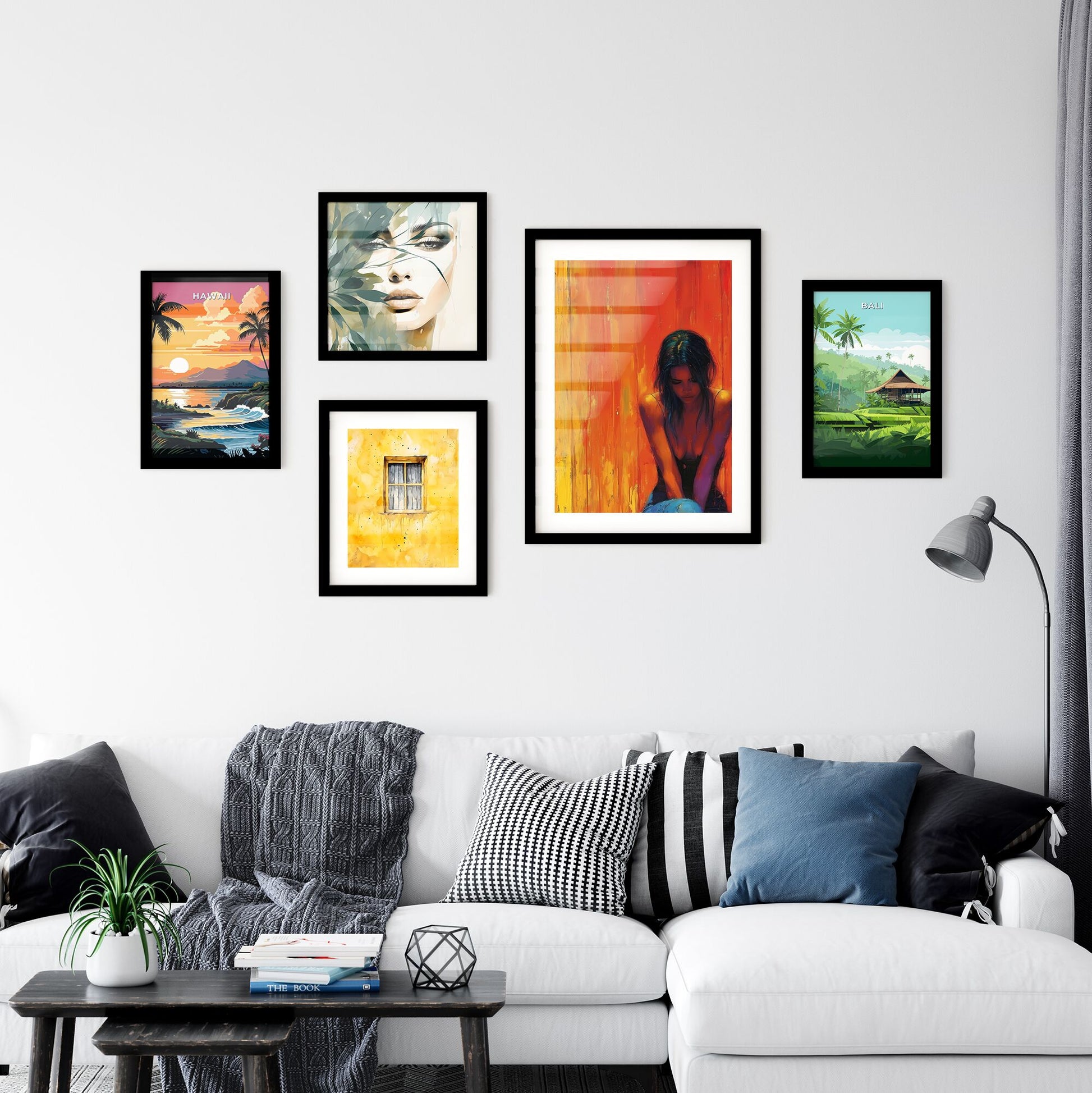 Minimalism, pin up art - Art print of a woman sitting down in front of a colorful wall Default Title