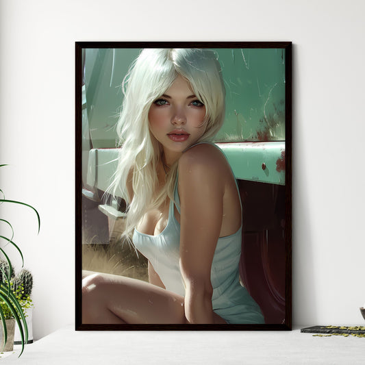 Sitting pin up factory worker girl,looking amazing - Art print of a woman posing for a picture Default Title