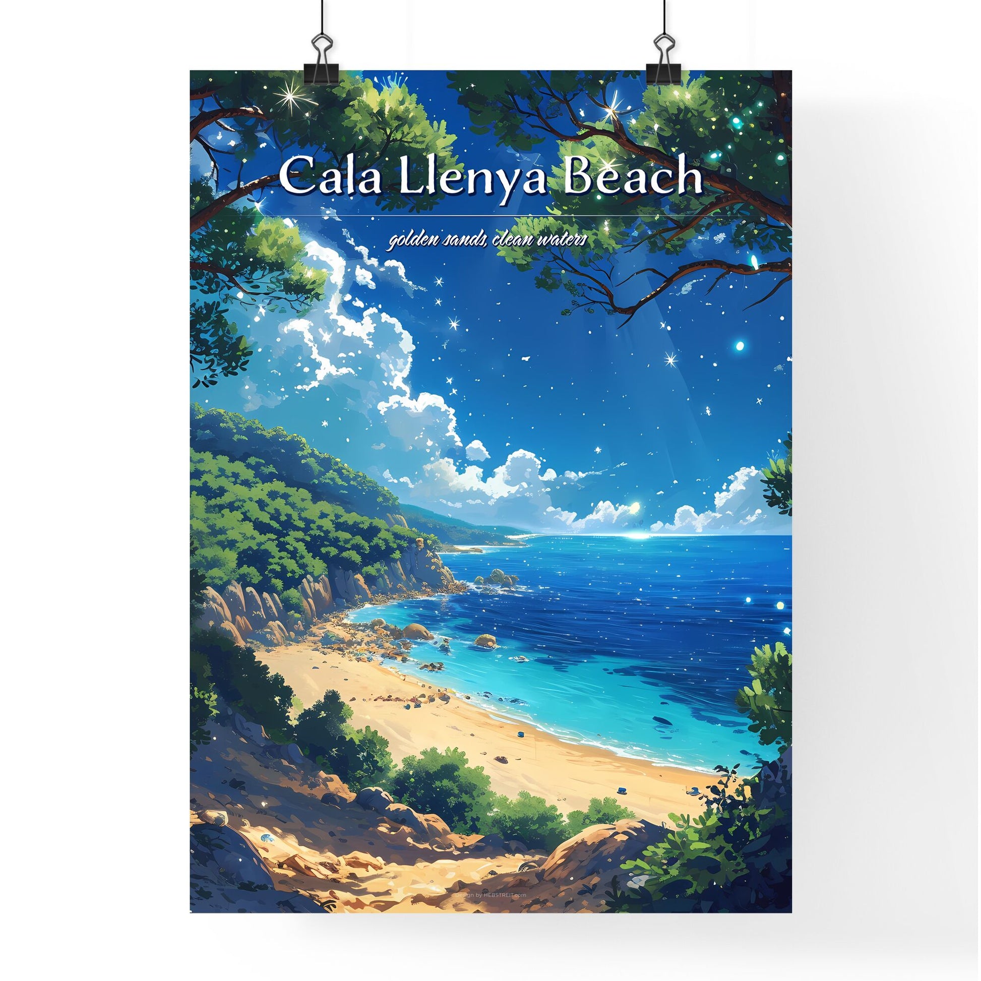 Cala Llenya Beach - Art print of a beach with trees and a blue ocean Default Title