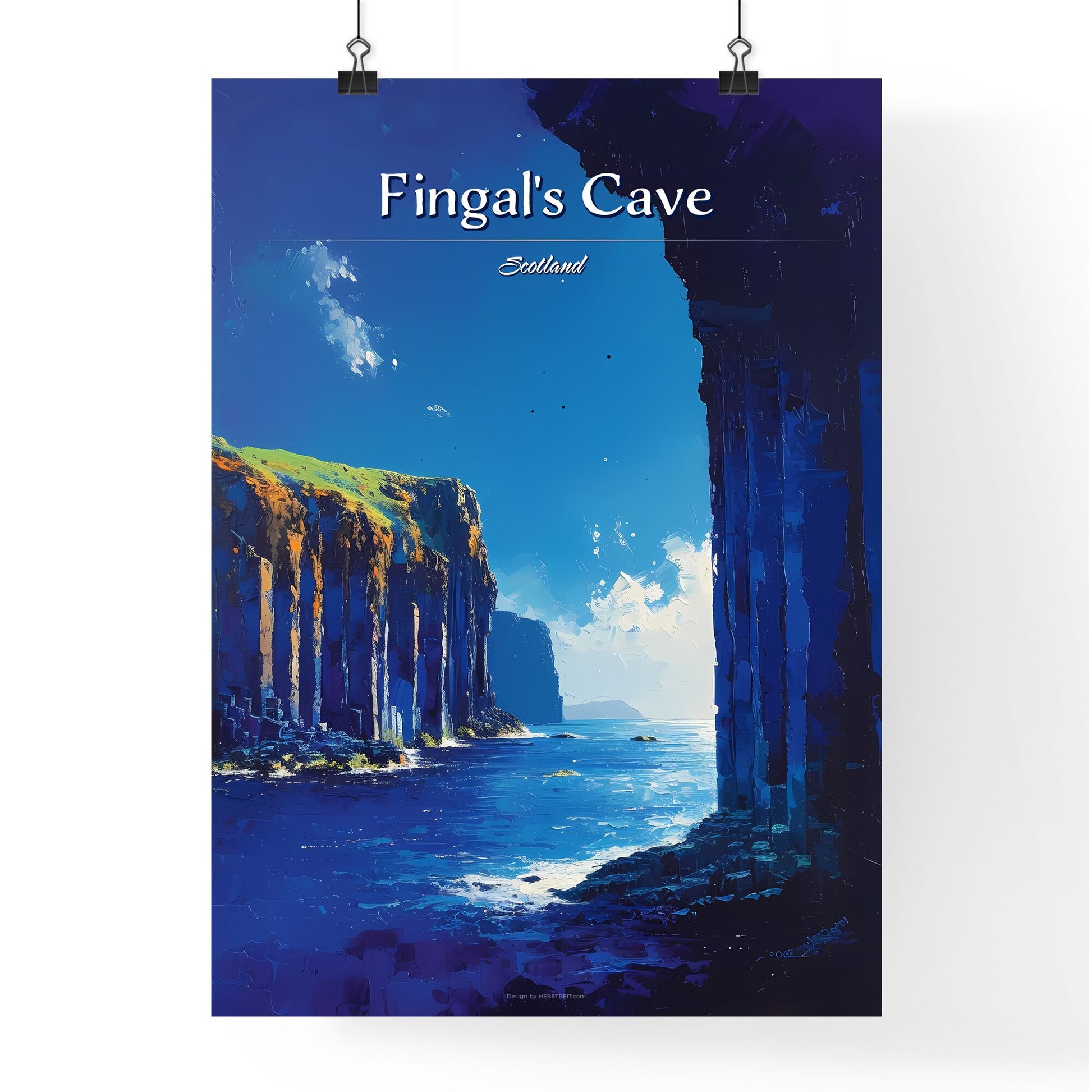 Fingal_s Cave, Scotland - Art print of a cliff side with water and grass Default Title