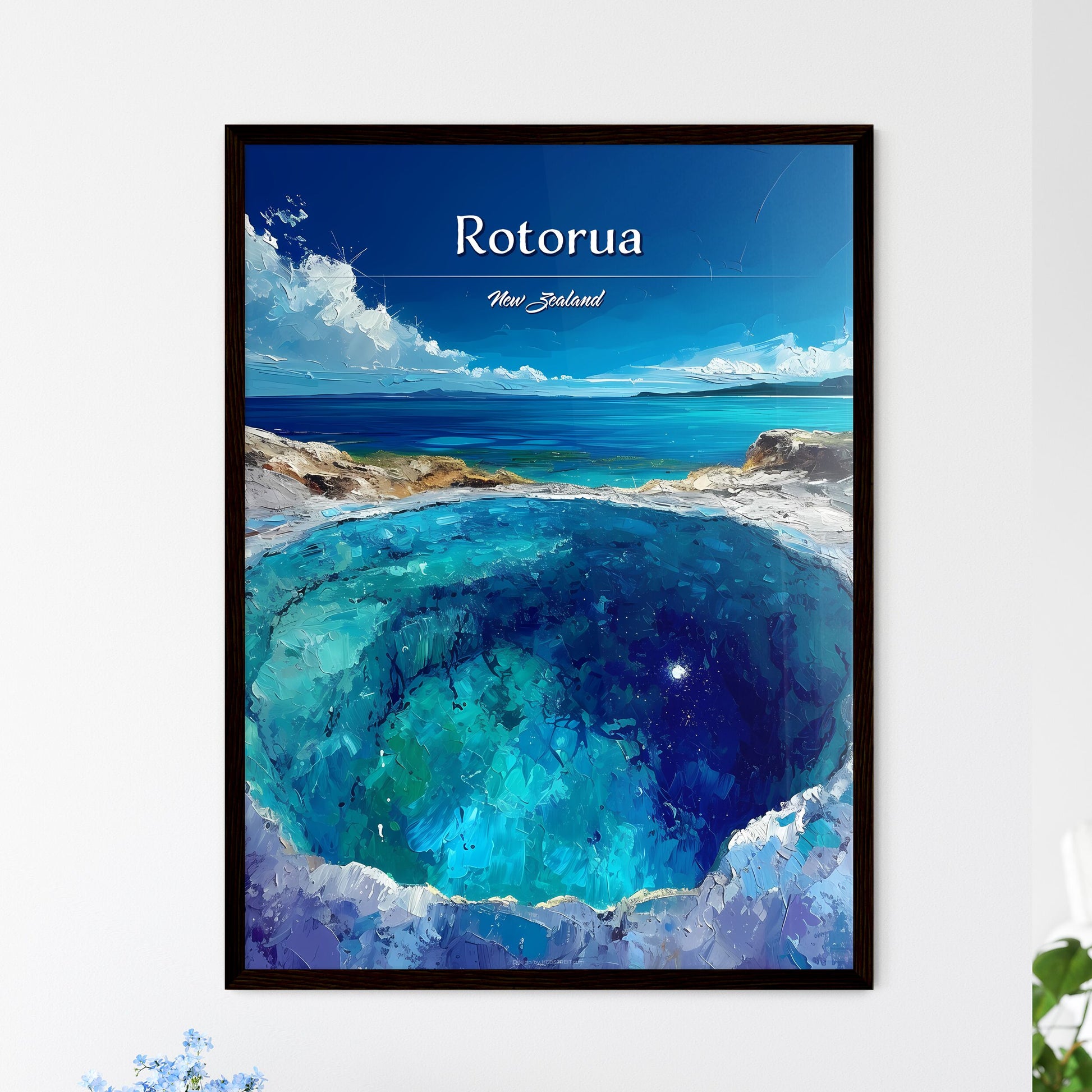 Rotorua, New Zealand - Art print of a blue pool of water on a rocky shore Default Title