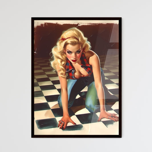 Watercolour rockabilly pin up girl pretty takes a move on dance floor - Art print of a woman kneeling on a checkered floor Default Title