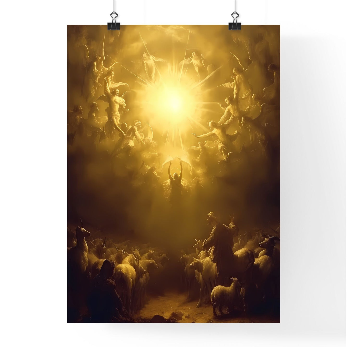 Moses prophet of God herding the flock in the desert, looking up at the sky - Art print of a painting of a group of angels and a group of goats Default Title