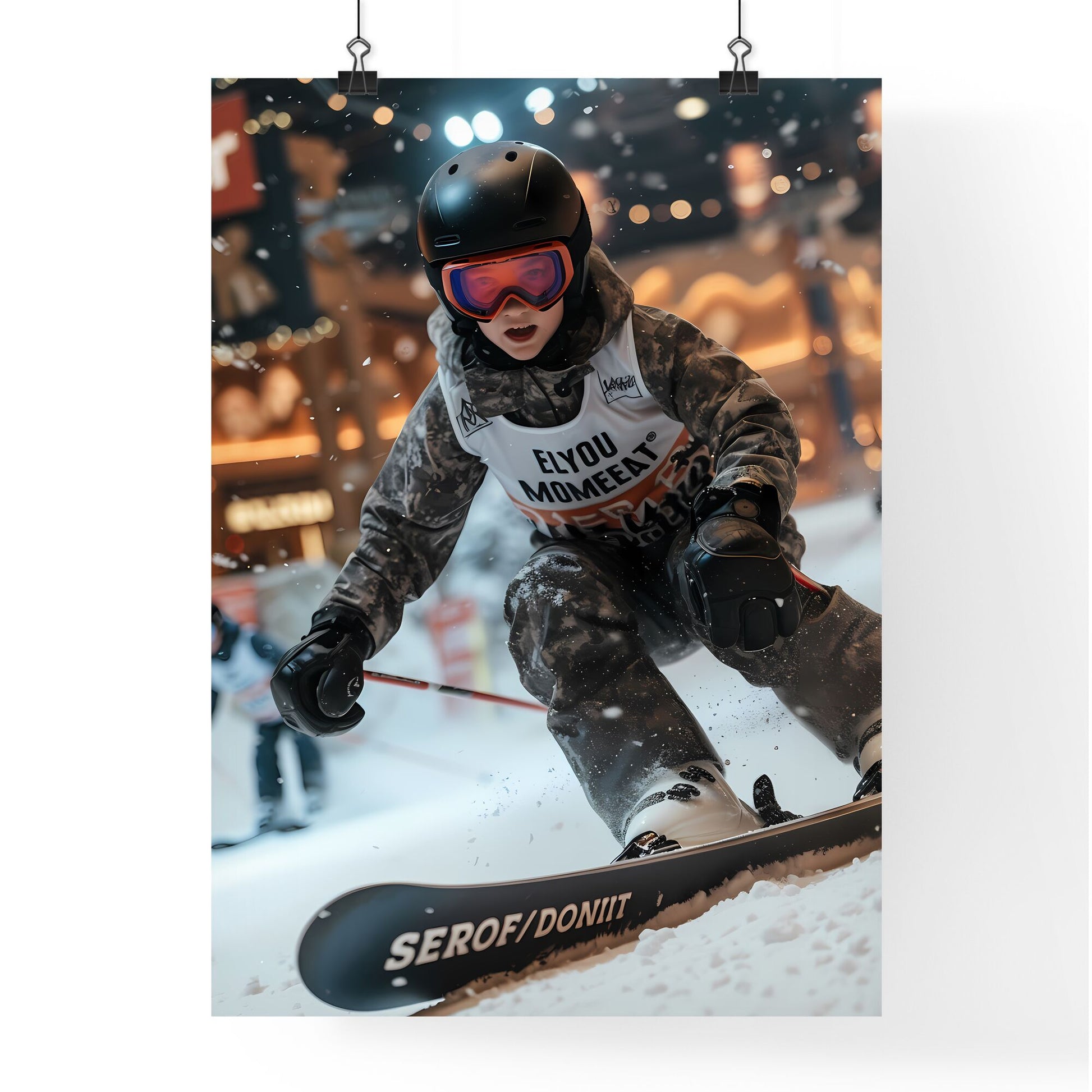 In the indoor ski resort, skiers gallop on the snow track - Art print of a person skiing down a slope Default Title