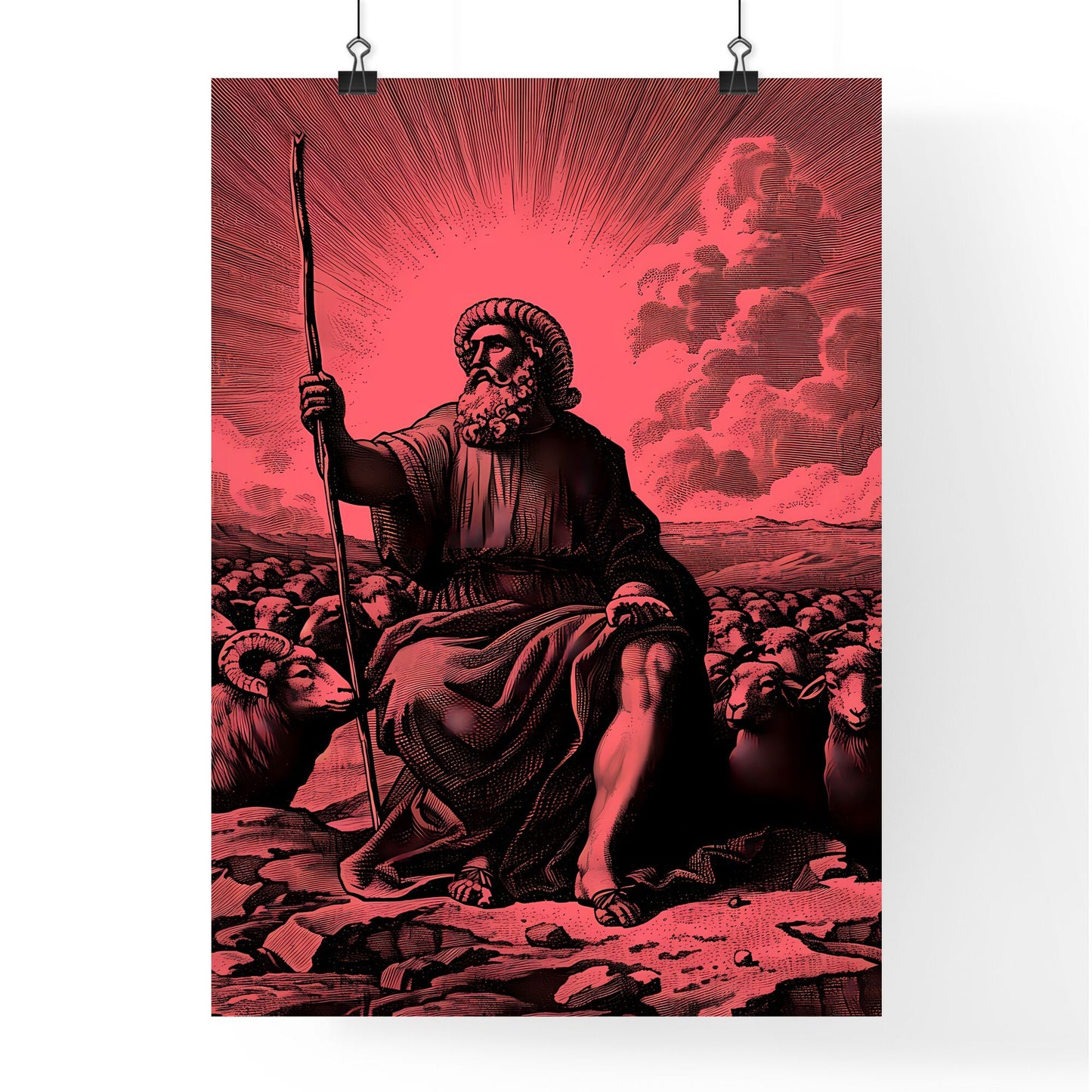 Moses prophet of God herding the flock in the desert, looking up at the sky - Art print of a man with a beard and a staff and sheep Default Title