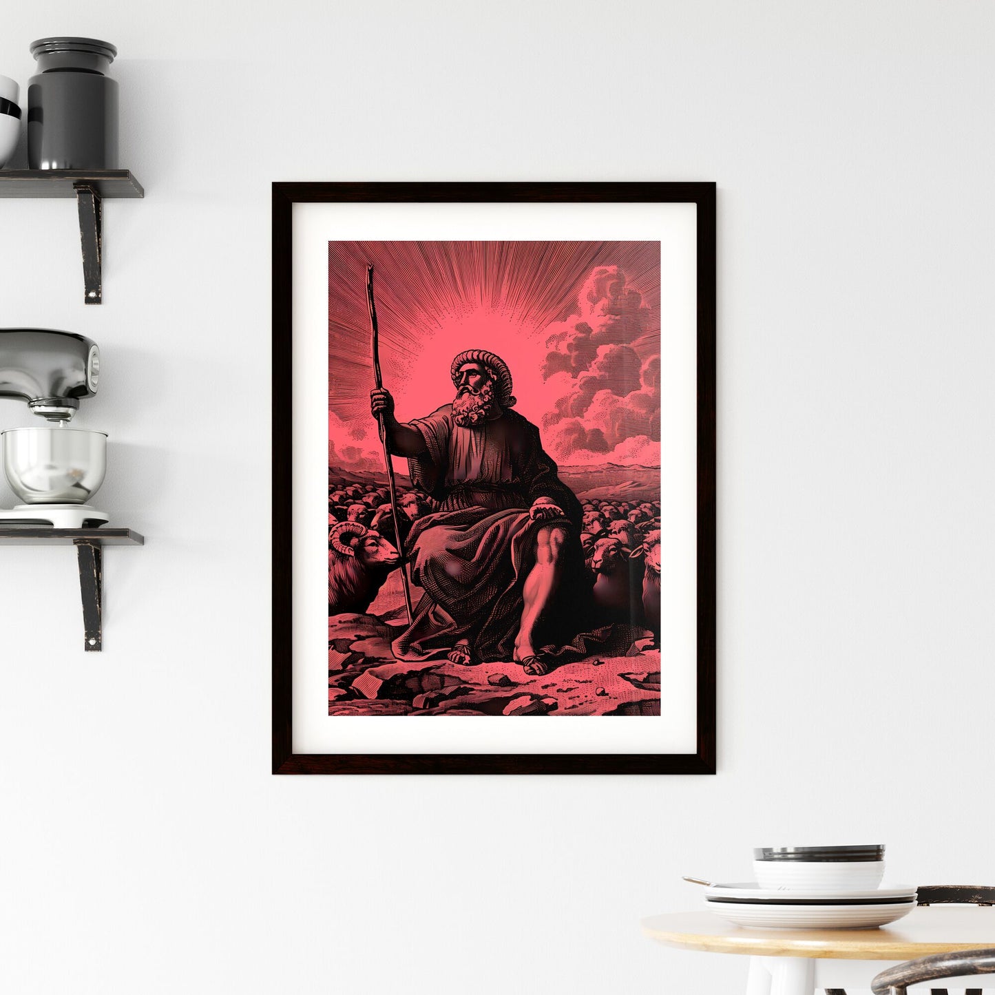 Moses prophet of God herding the flock in the desert, looking up at the sky - Art print of a man with a beard and a staff and sheep Default Title