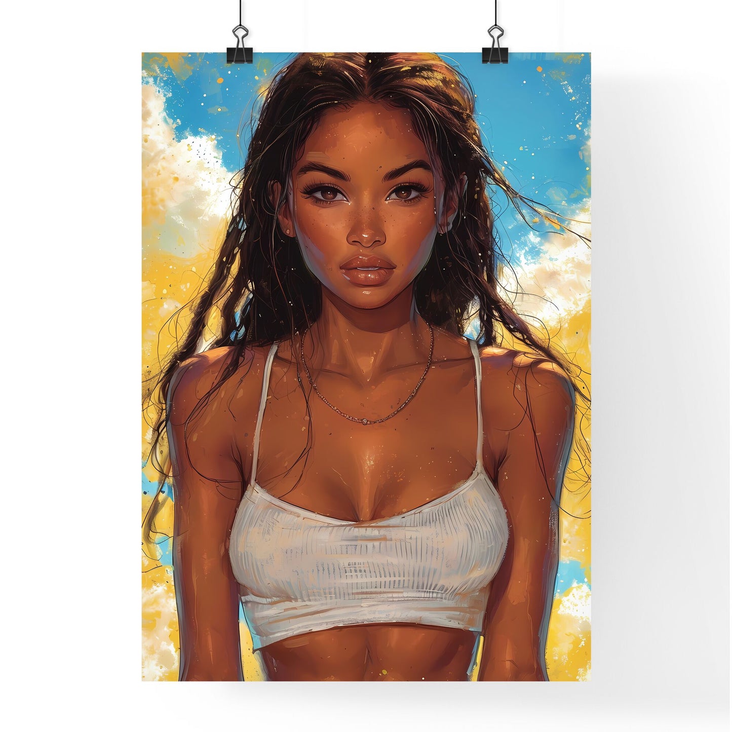 Amazing pin up girl illustration, full body character - Art print of a woman with long hair and a white tank top Default Title