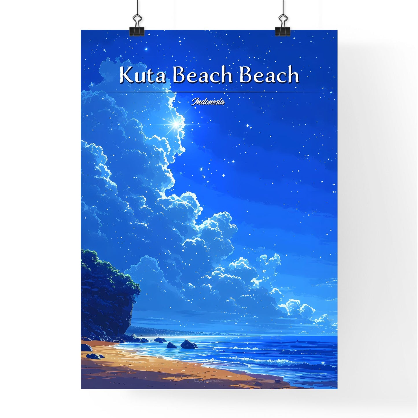 Kuta Beach Beach, Indonesia - Art print of a beach with rocks and clouds Default Title