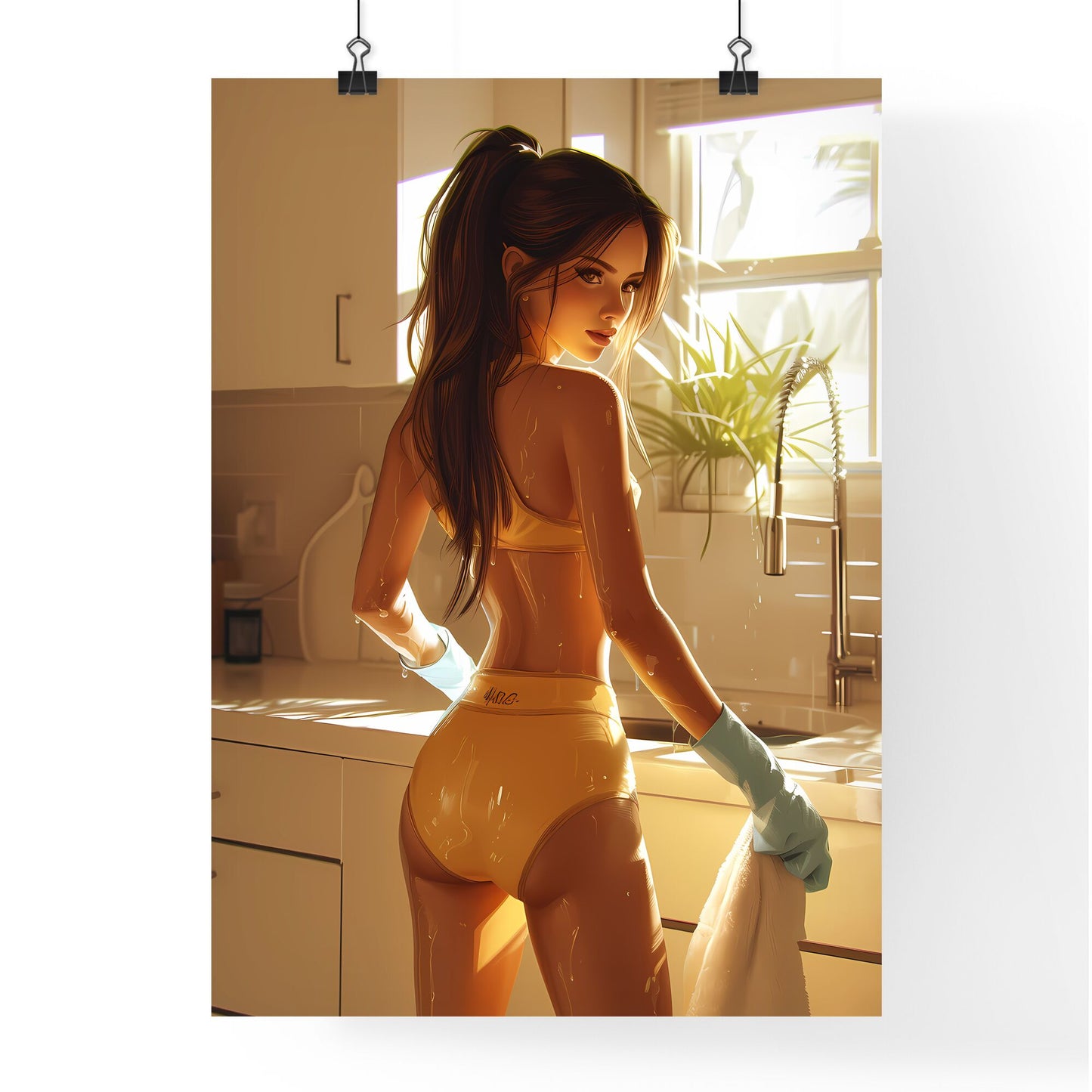 A housewife in a beautiful outfit is cleaning and she is happy, her face is very beautiful - Art print of a woman in a yellow bathing suit Default Title