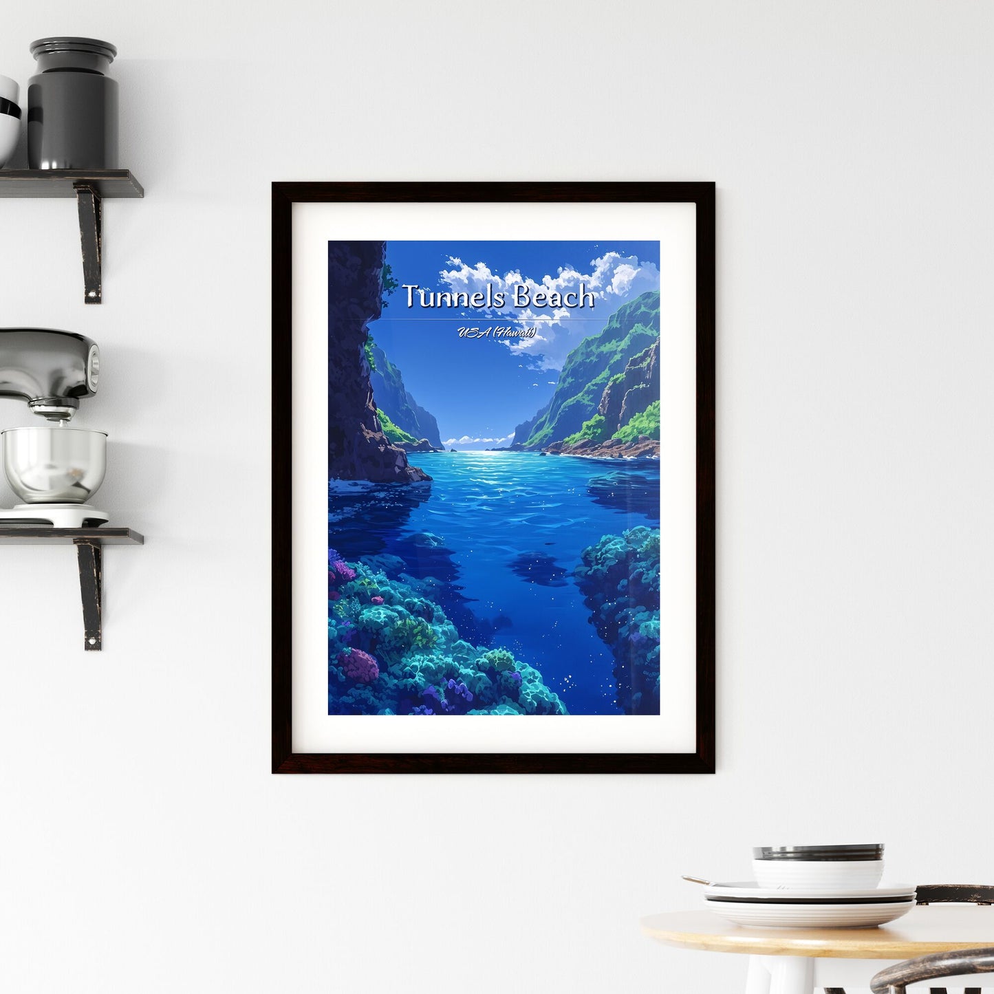 Tunnels Beach, USA (Hawaii) - Art print of a blue water with corals and rocks Default Title