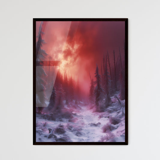 An epic winter forest - Art print of a snowy forest with trees and a red sky Default Title