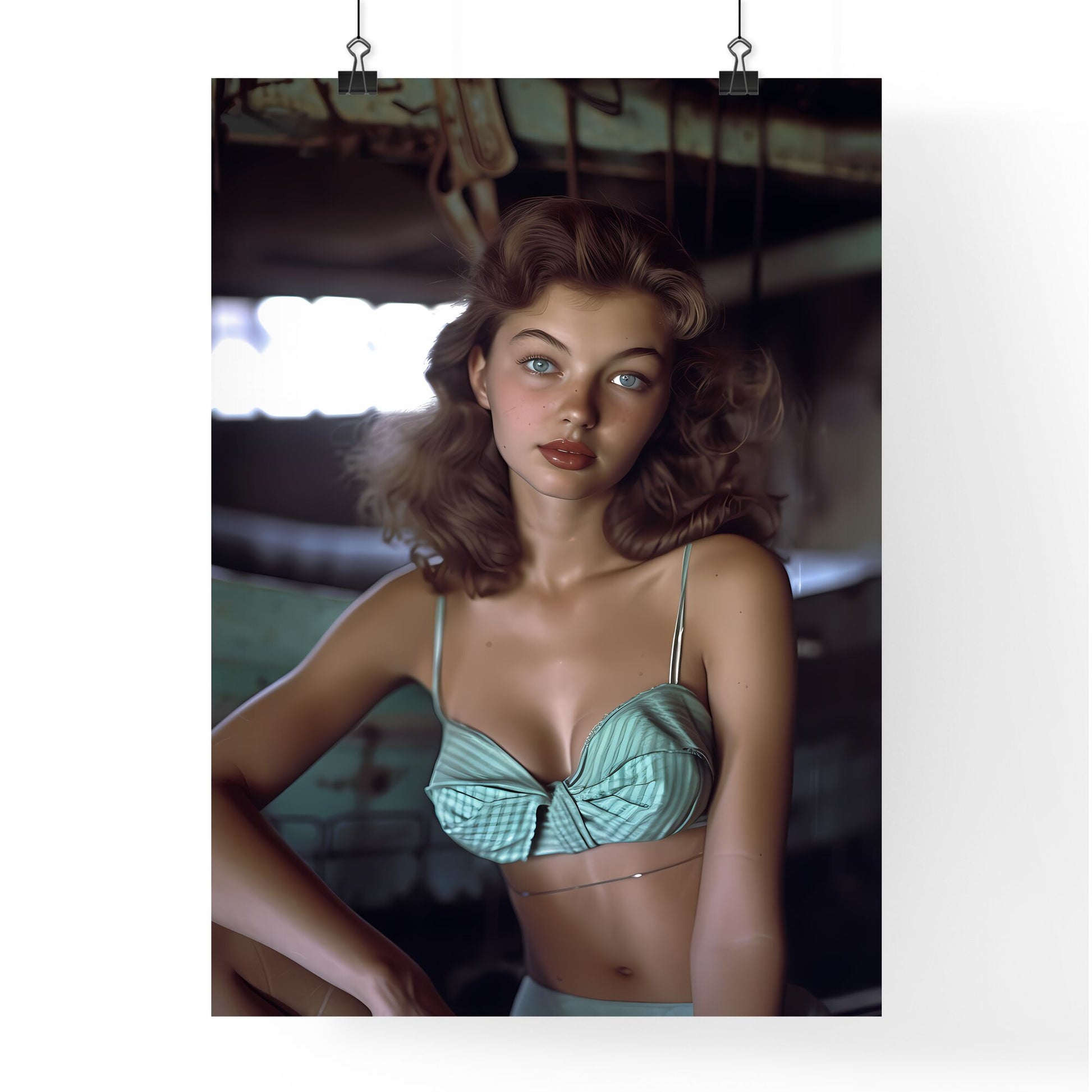 Sitting pin up factory worker girl,looking amazing - Art print of a woman in a garment Default Title
