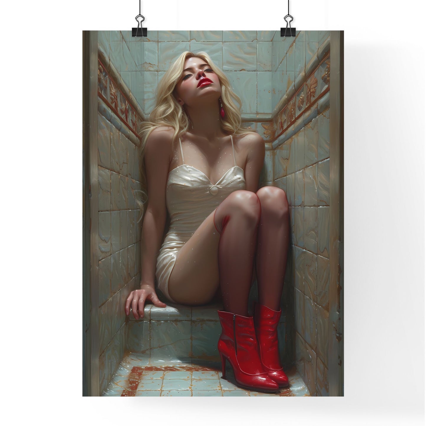 Blonde pin up girl in stockings with red high heels aviation style - Art print of a woman sitting on a tile floor Default Title