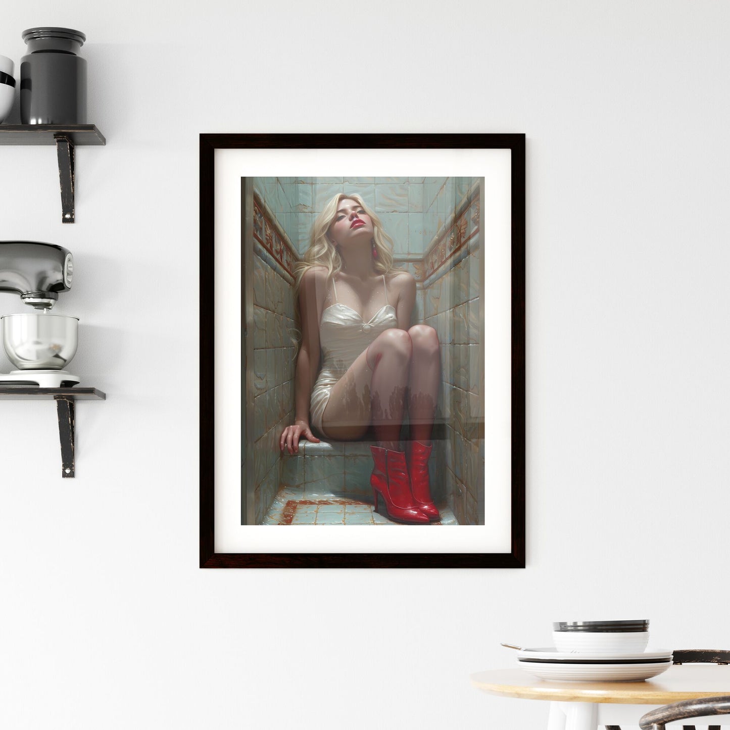 Blonde pin up girl in stockings with red high heels aviation style - Art print of a woman sitting on a tile floor Default Title