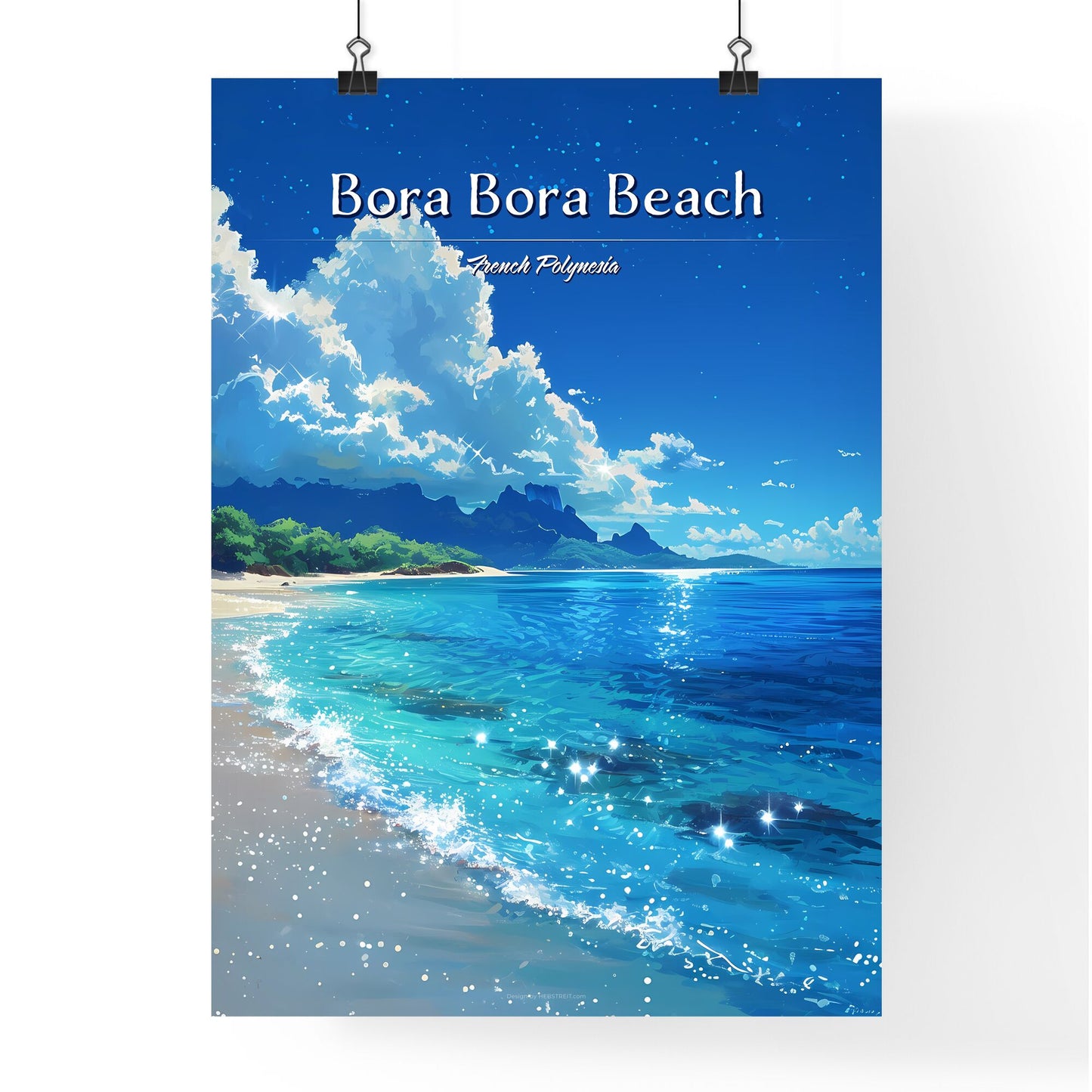 Bora Bora Beach - Art print of a beach with blue water and white clouds Default Title