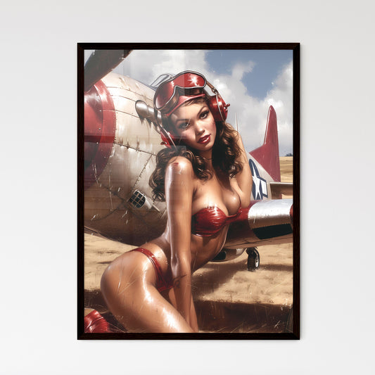Uncommon pin up girl illustration, full body character, high resolution - Art print of a woman in a garment and goggles leaning on a plane Default Title