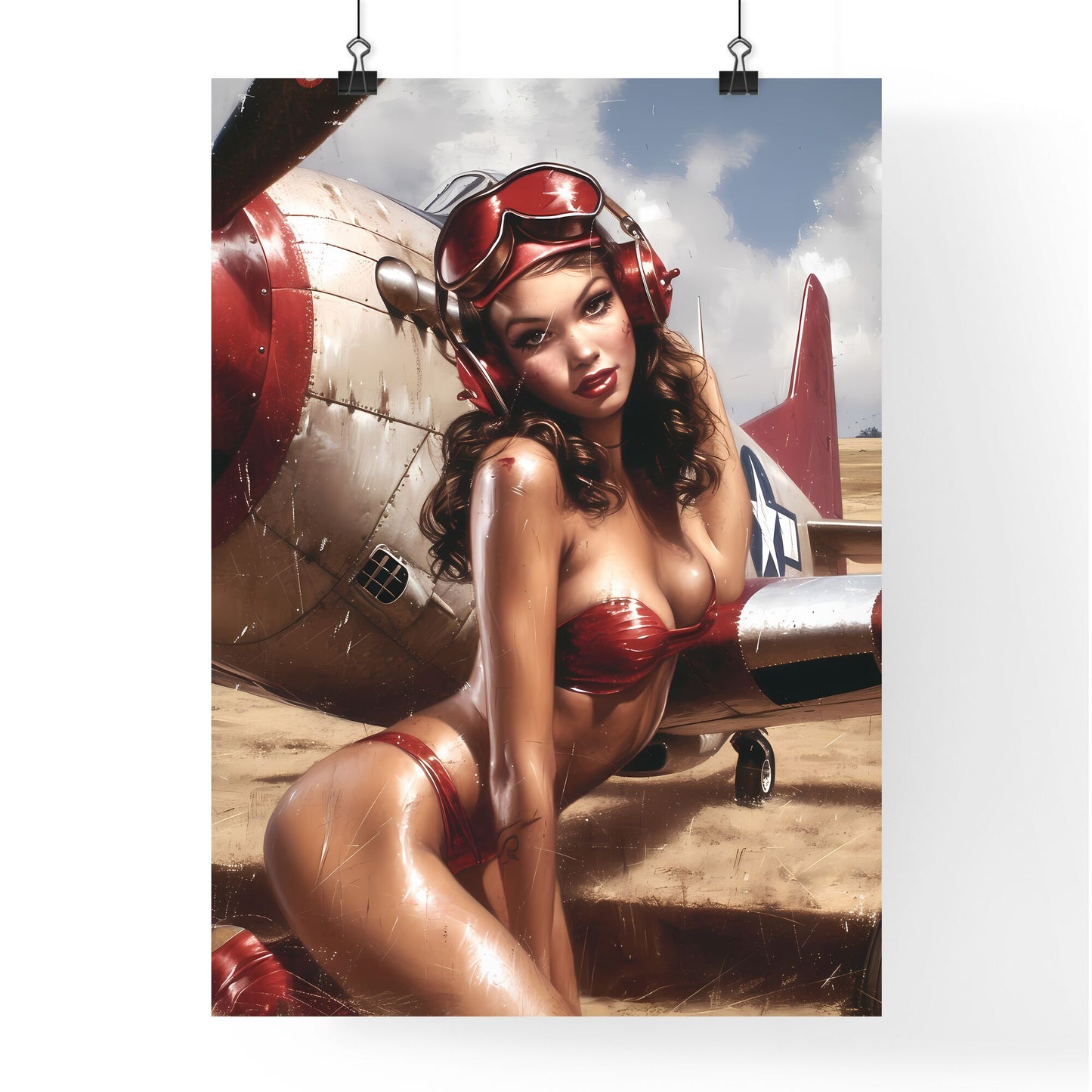Uncommon pin up girl illustration, full body character, high resolution - Art print of a woman in a garment and goggles leaning on a plane Default Title