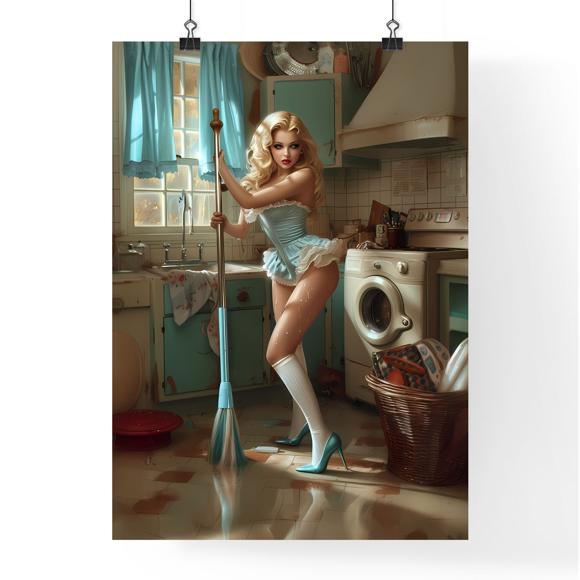 Housewife - Art print of a woman in a kitchen holding a broom Default Title