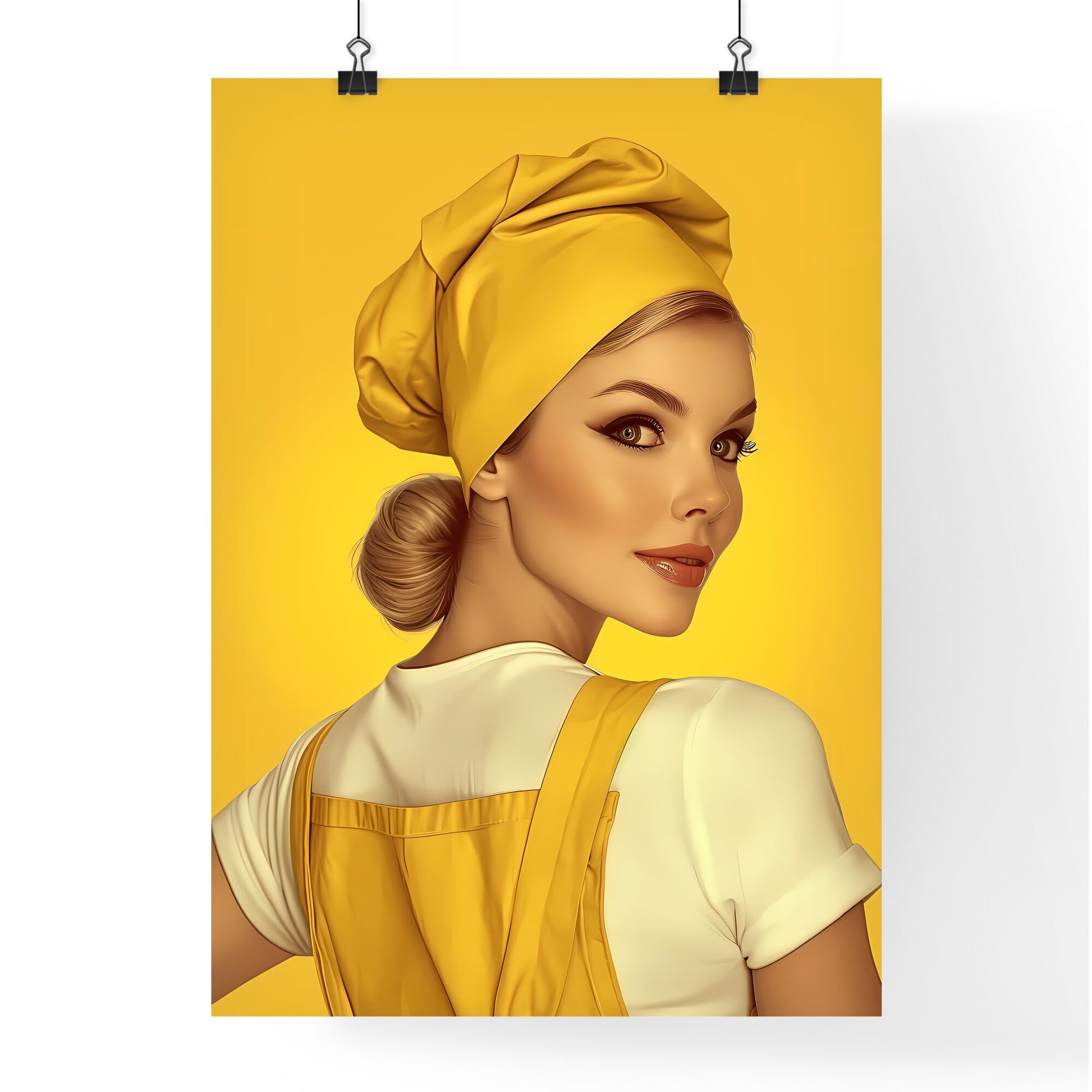 Amazing pin up girl illustration, full body character - Art print of a woman wearing a yellow apron and a yellow hat Default Title