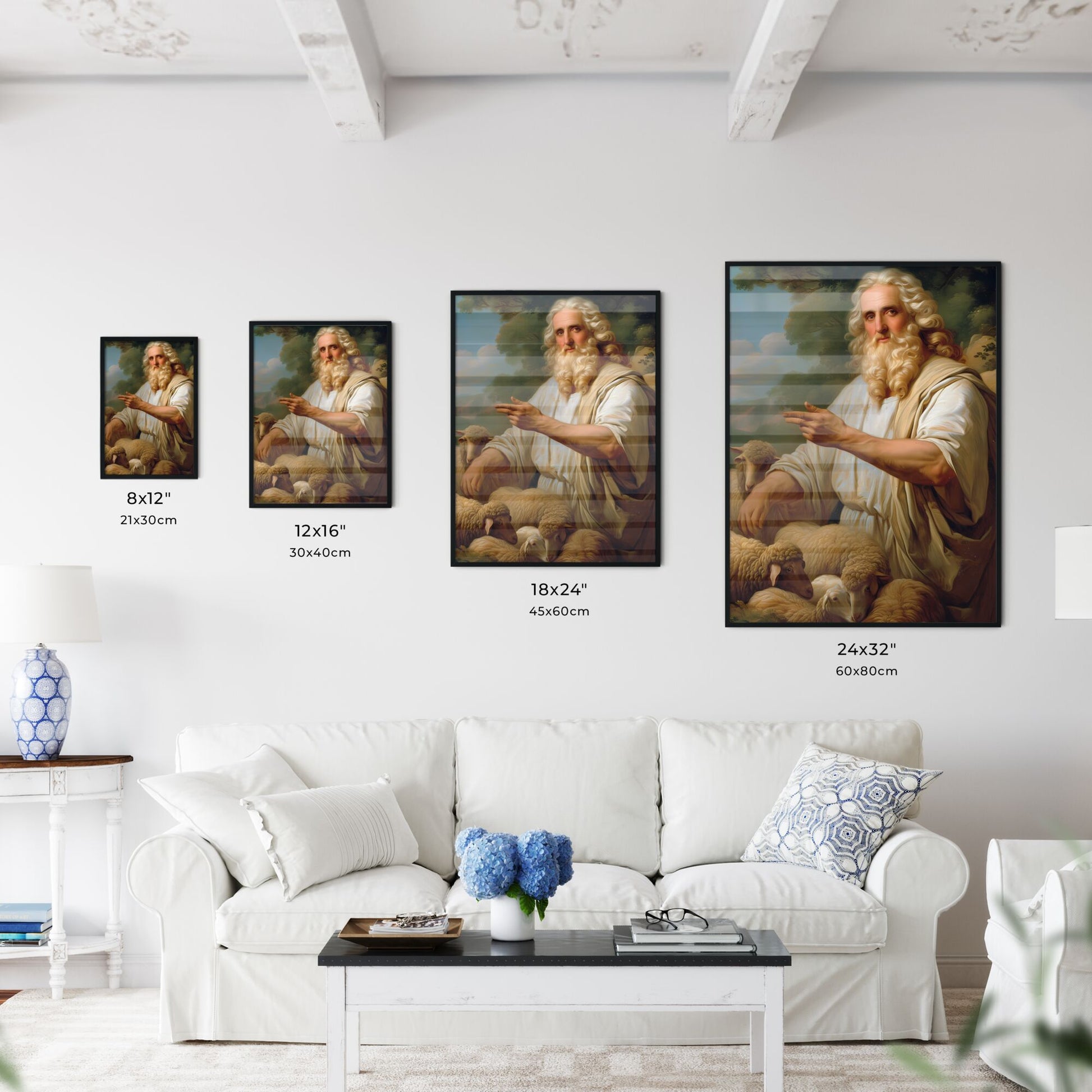 Moses prophet of God herding the flock in the desert, looking up at the sky - Art print of a painting of a man with a beard and sheep Default Title