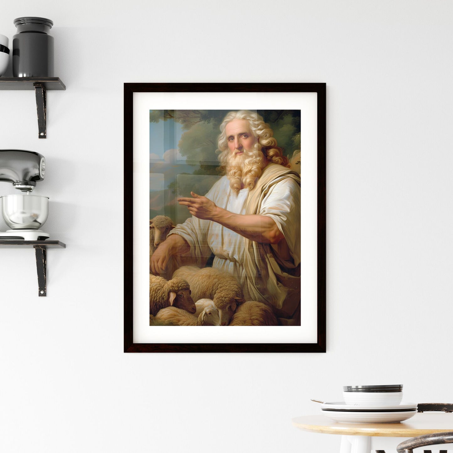 Moses prophet of God herding the flock in the desert, looking up at the sky - Art print of a painting of a man with a beard and sheep Default Title
