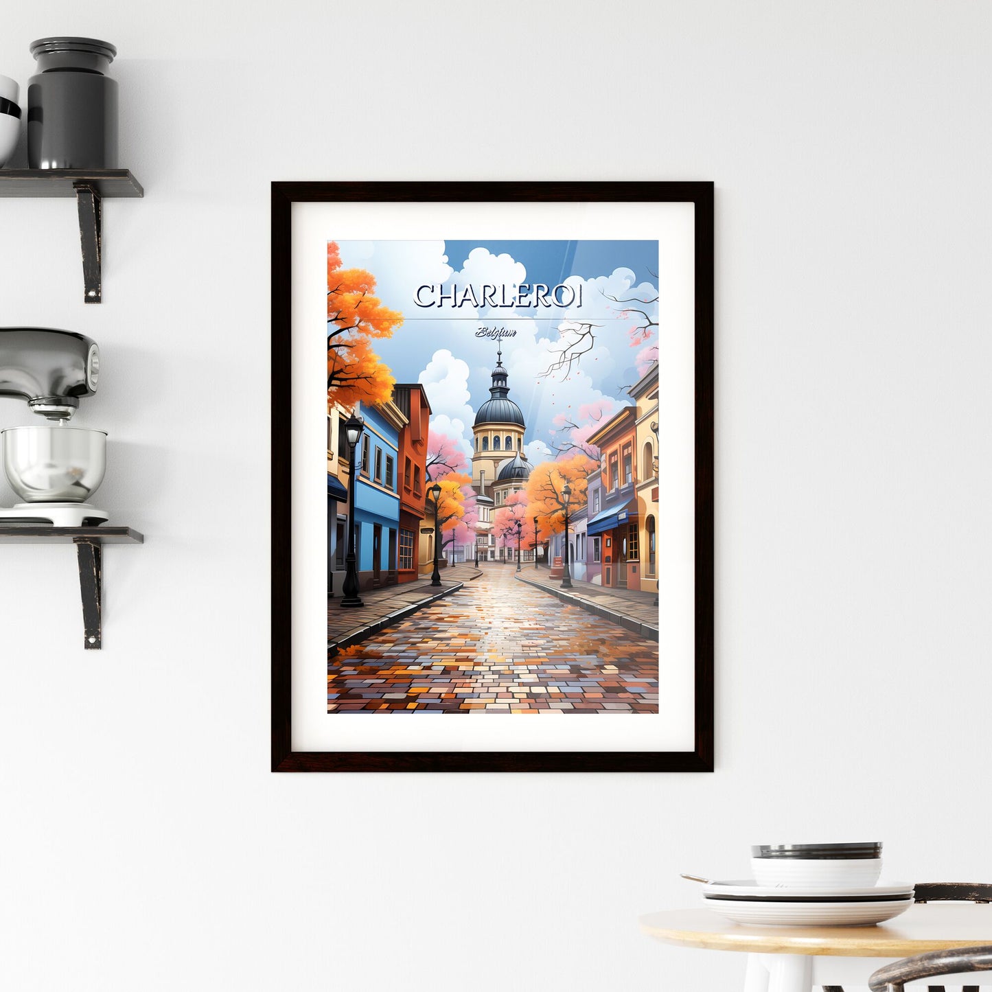 Charleroi, Belgium - Art print of a street with colorful buildings and trees Default Title